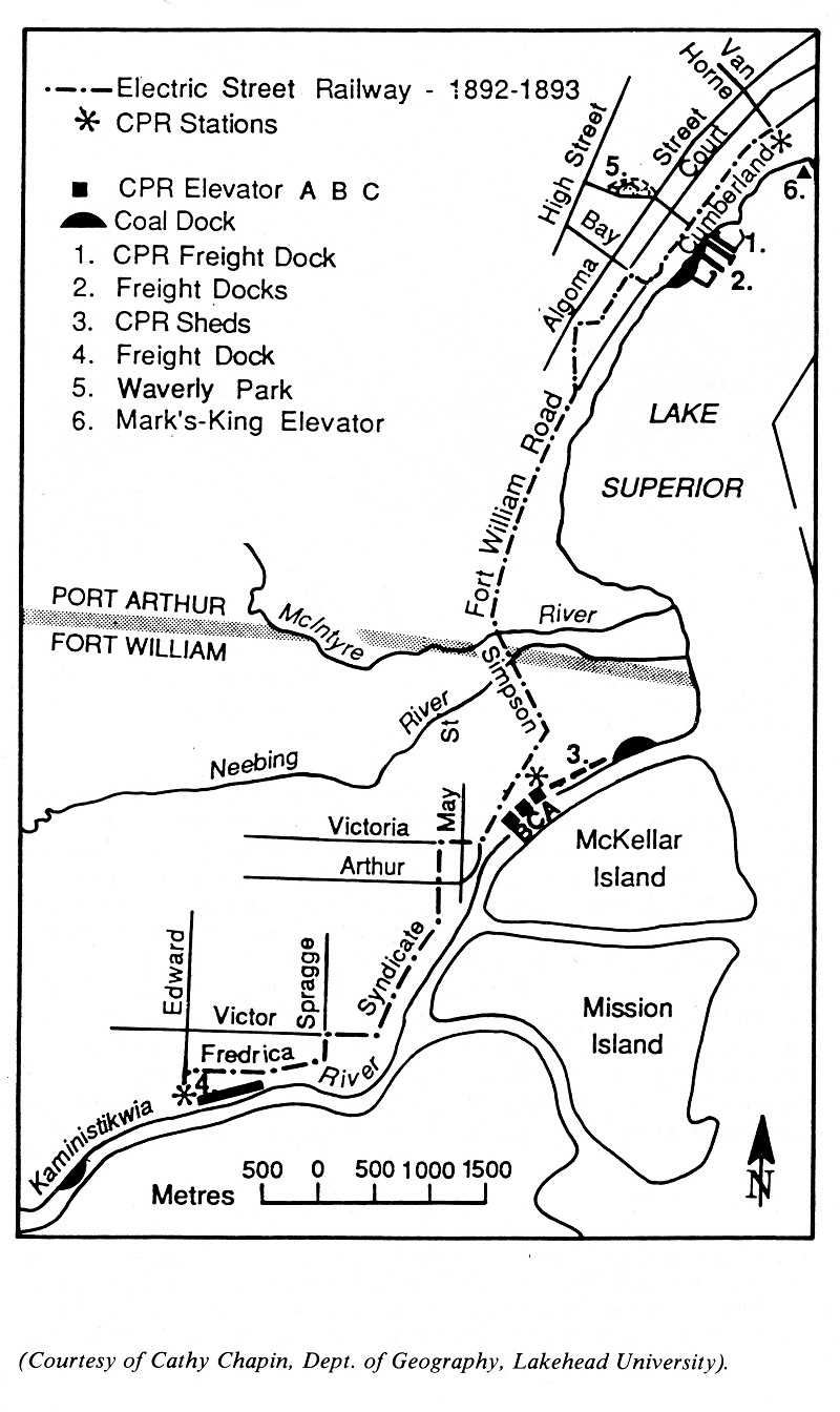 A hand drawn map of the electric street railway in Port Arthur and Fort William