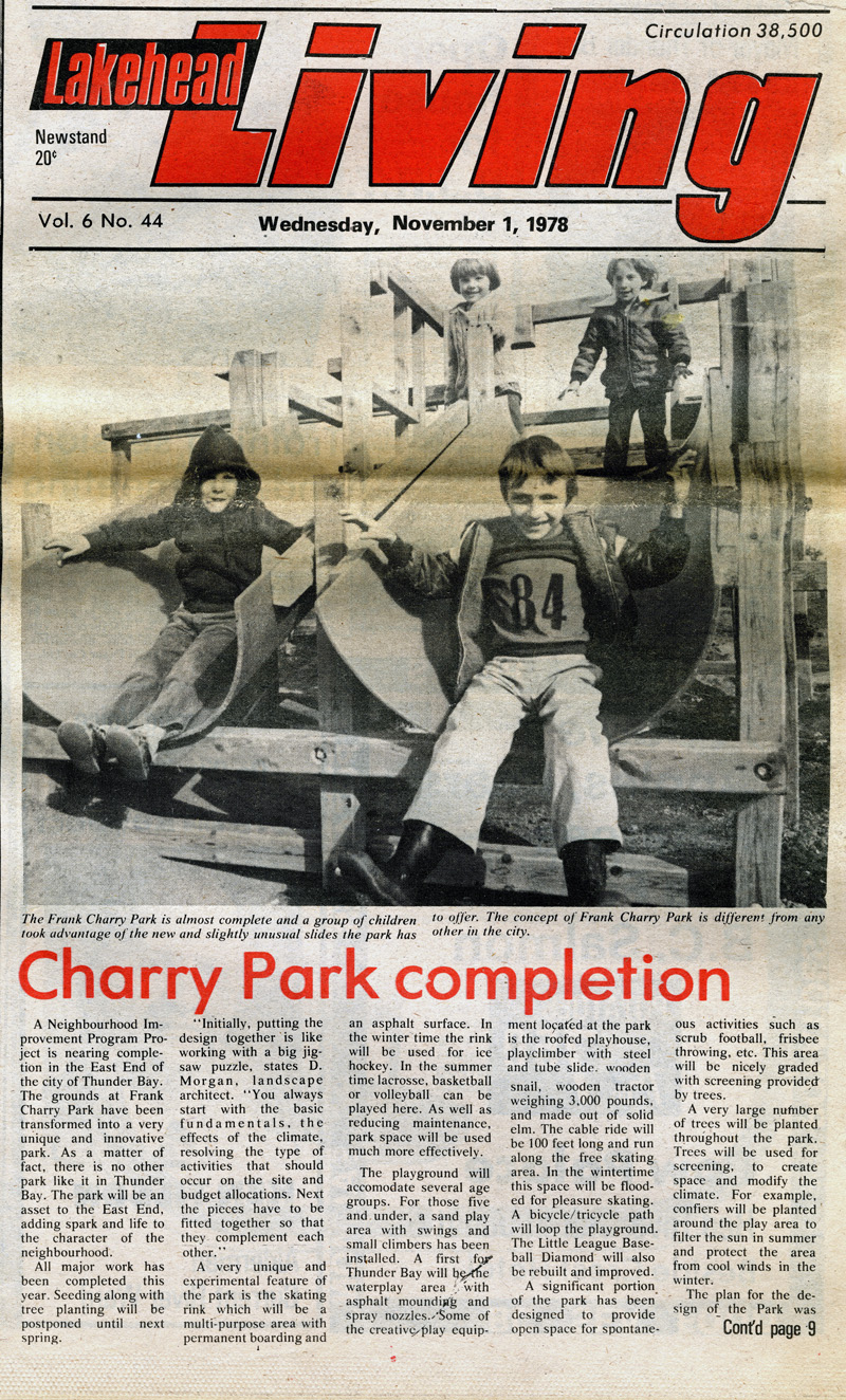 cover of Lakehead Living with article headline "Charry Park Completion"
