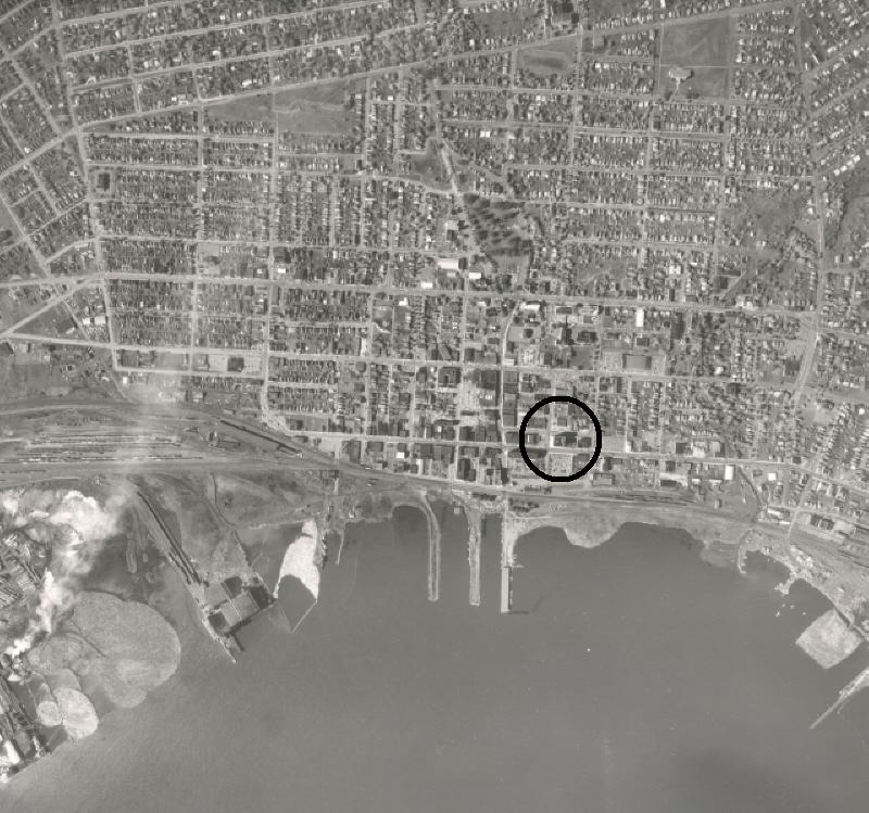 An aerial photogrpah taken above the City of Port Arthur showing buildings