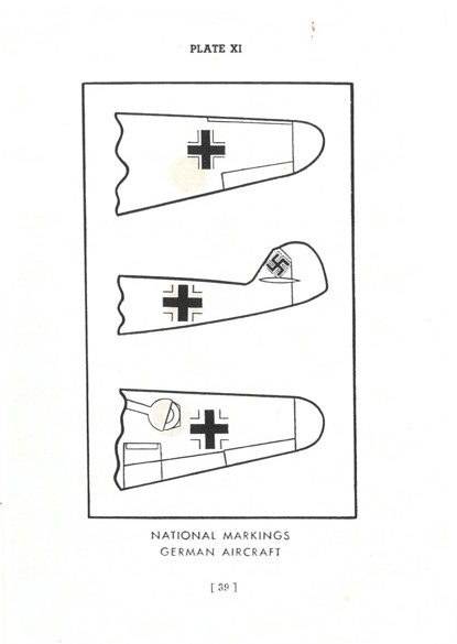 Image depicts the wings and tail of a German aircraft with a label under the image saying "NATIONAL MARKINGS GERMAN AIRCRAFT". Label at the top describes the page as PLATE XI. Page number at the bottom is thirty-nine.
