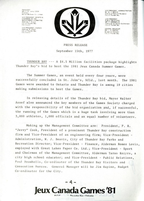 A typed media Release from 1977