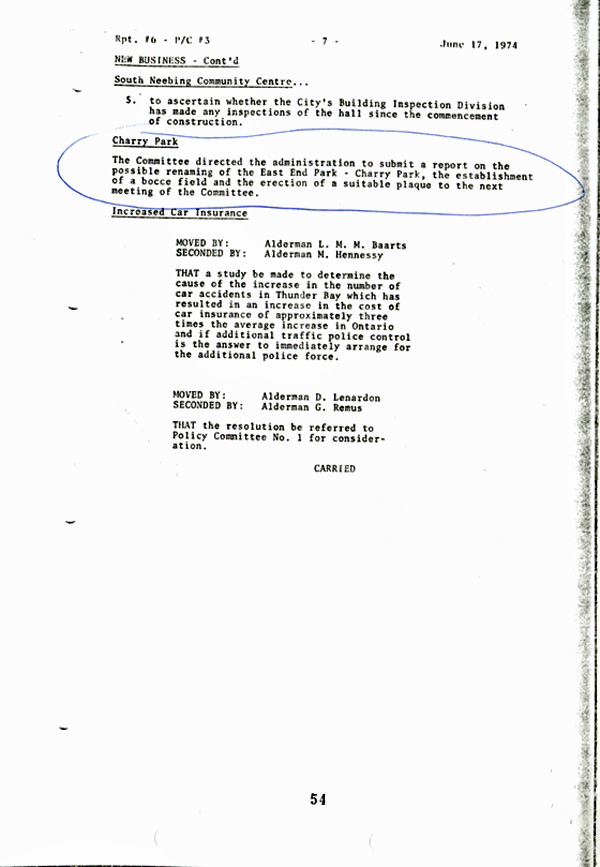 These council minutes summarize the Parks Department reports brought forward to Council on renaming the East End Park.