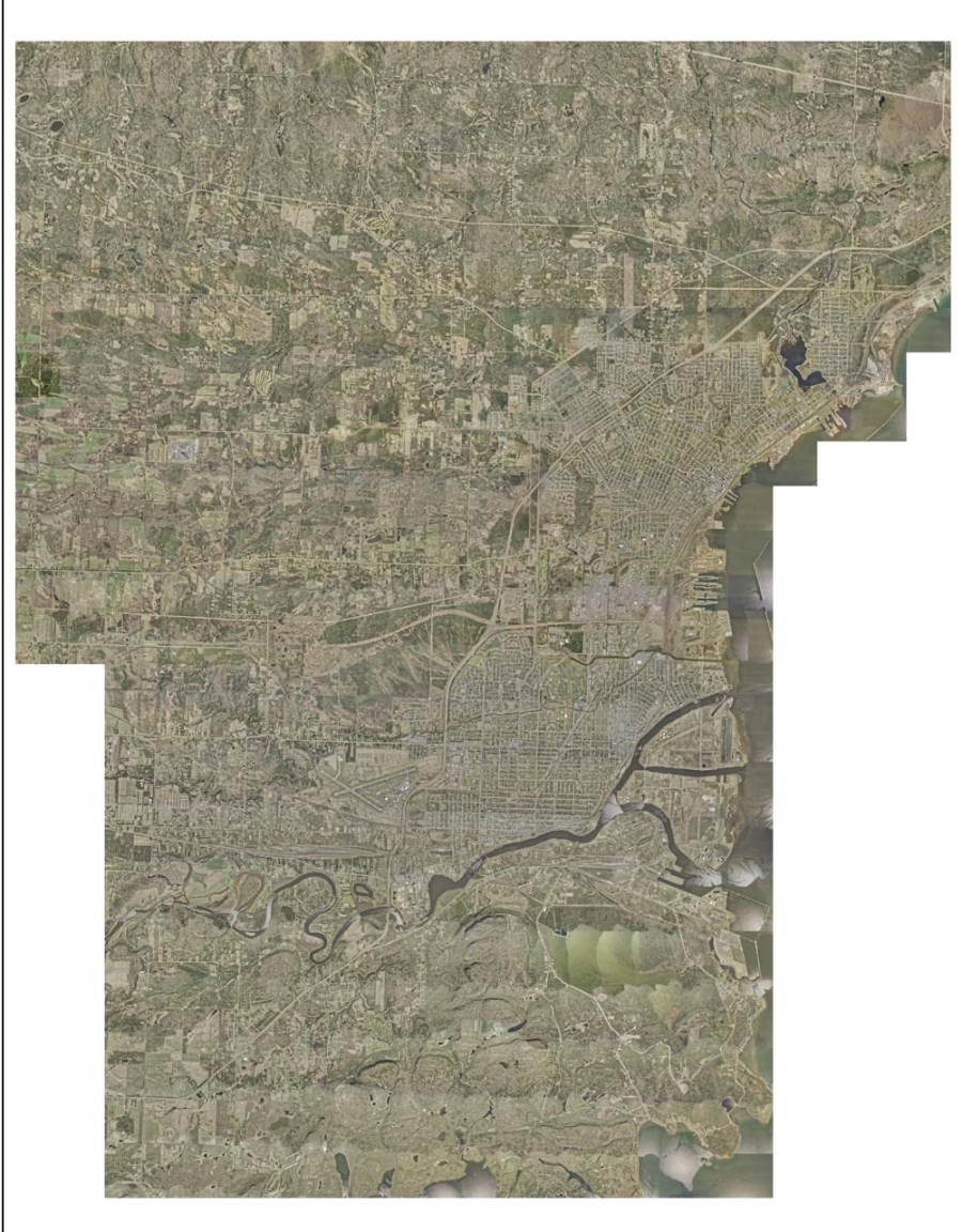 A coloured aerial photo of the entire Thunder Bay waterfront and region