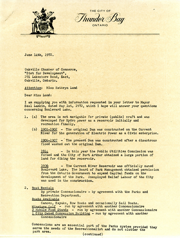 A typed letter with the cities crest