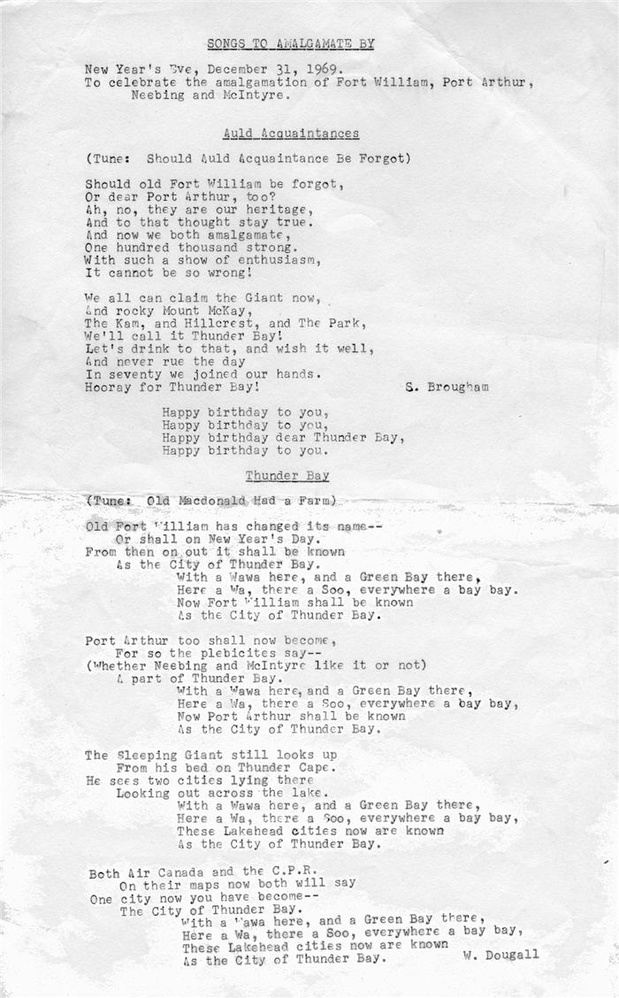 A typed sheet of lyrics to the Amalgamation song