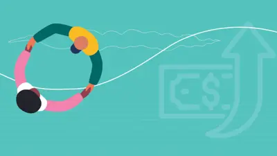 Teal background with money/growth watermark