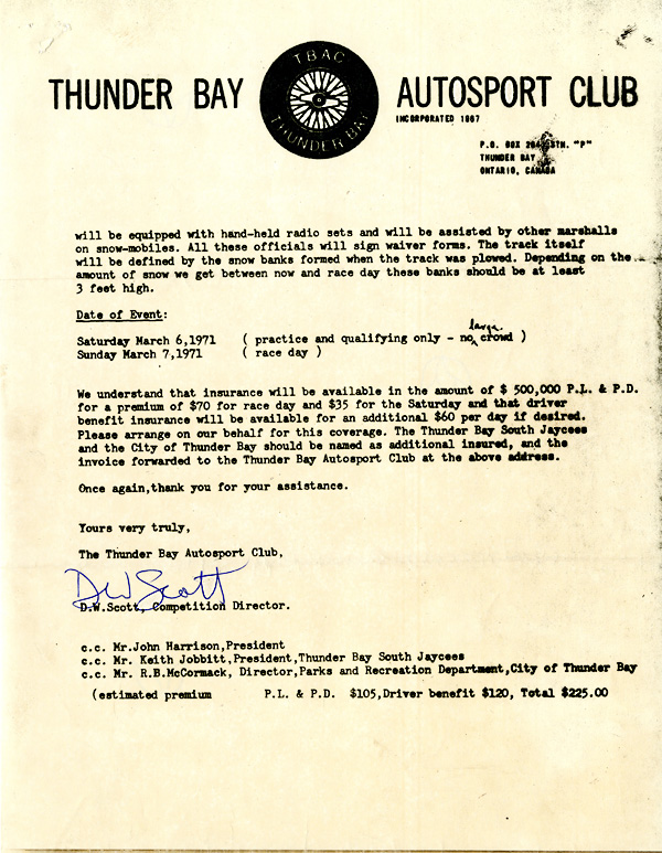 A typed letter with a Thunder Bay Auto Club letterhead