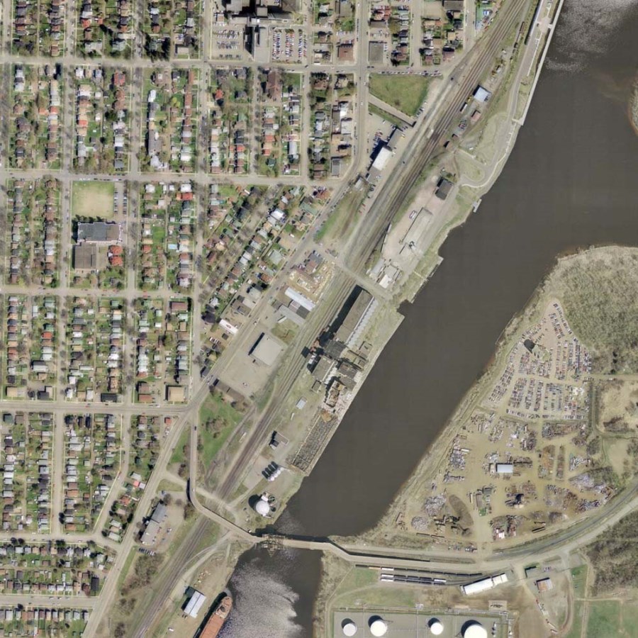 A coloured photograph of the Thunder Bay waterfront and surrounding area