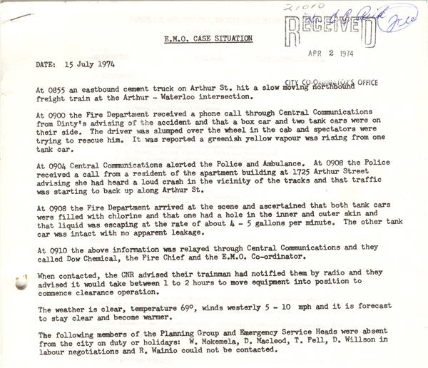 A typed document detailing a chemical spill that occured in Thunder Bay