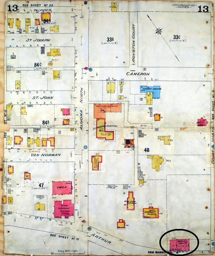 A hand drawn map showing the location of Port Arthur Town Hall