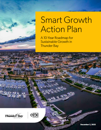 Cover of the Smart Growth Action Plan - aerial view of the city with text.