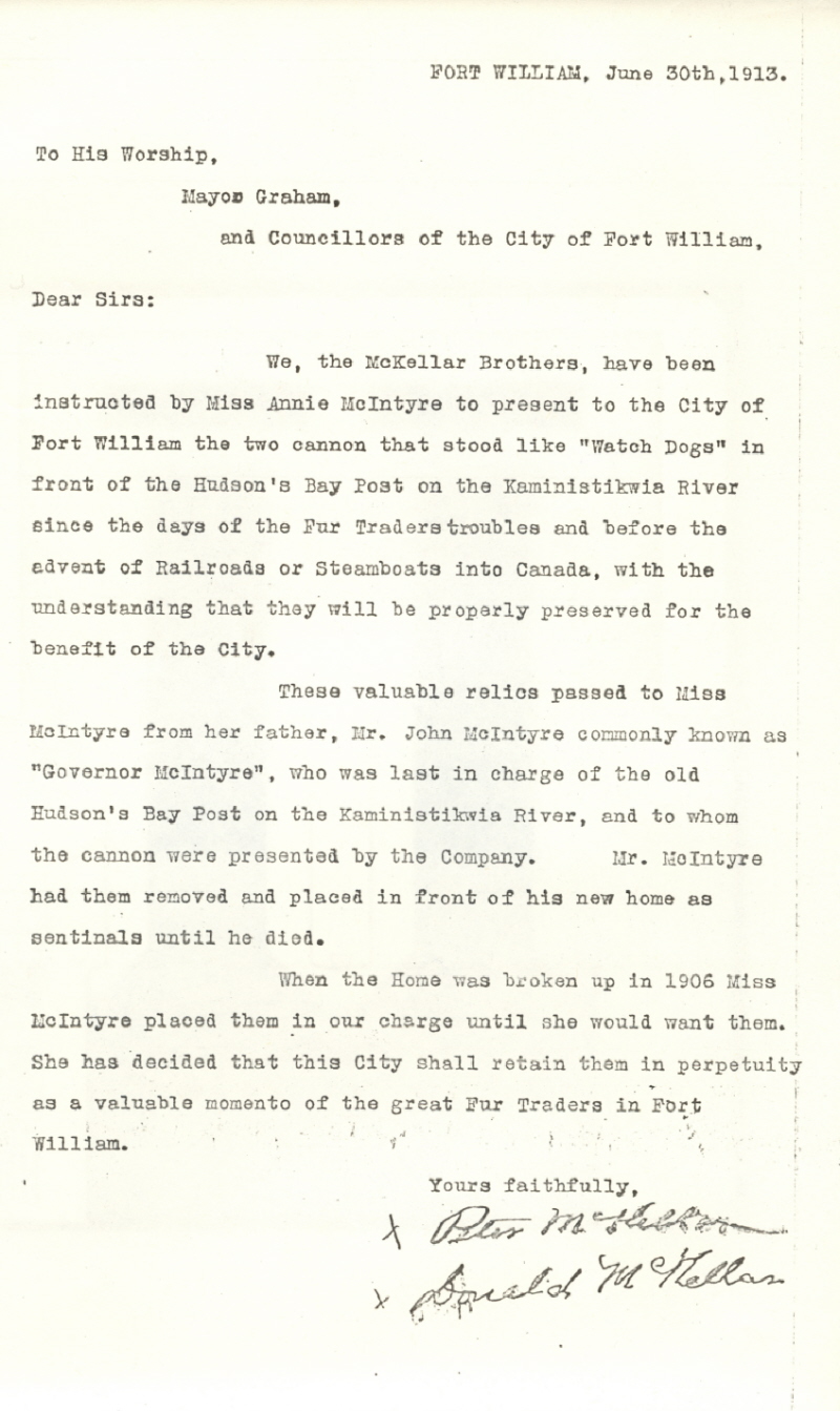 A typed document detailing the donation of two cannons