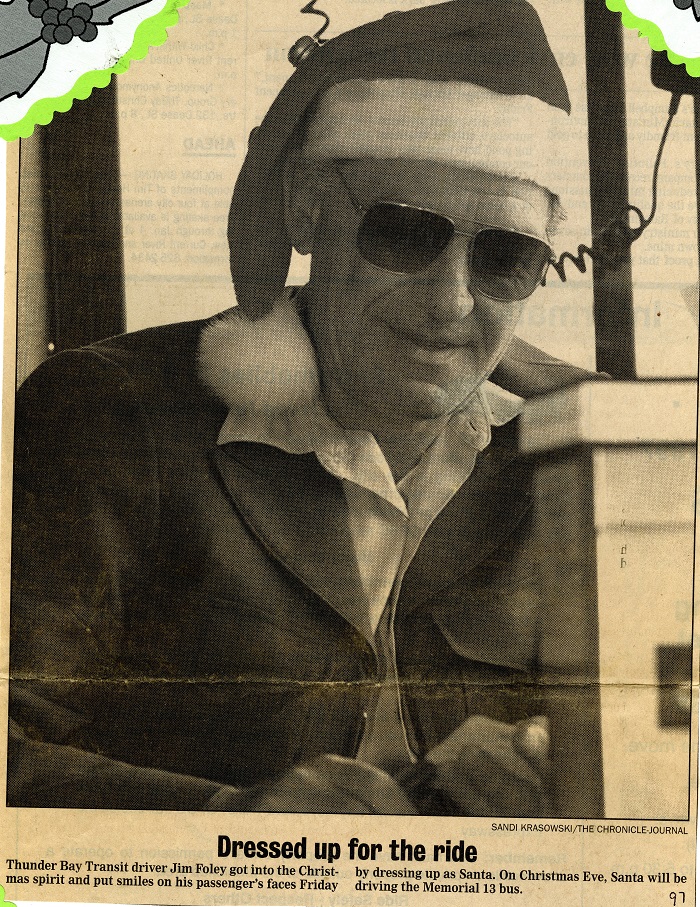 Newspaper photo of Transit Driver Jim Foley dressed up as Santa on Christmas Eve 1997