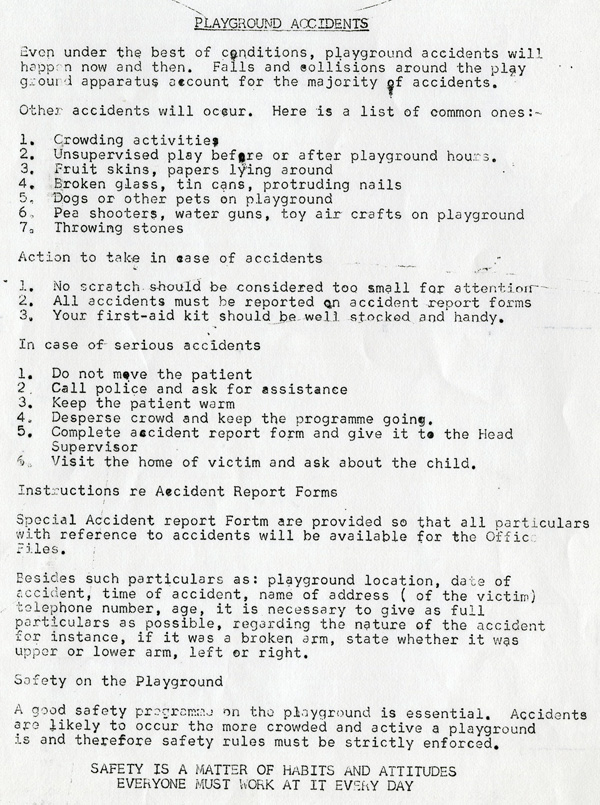 A typed page detailing what to do in case of a playground accident