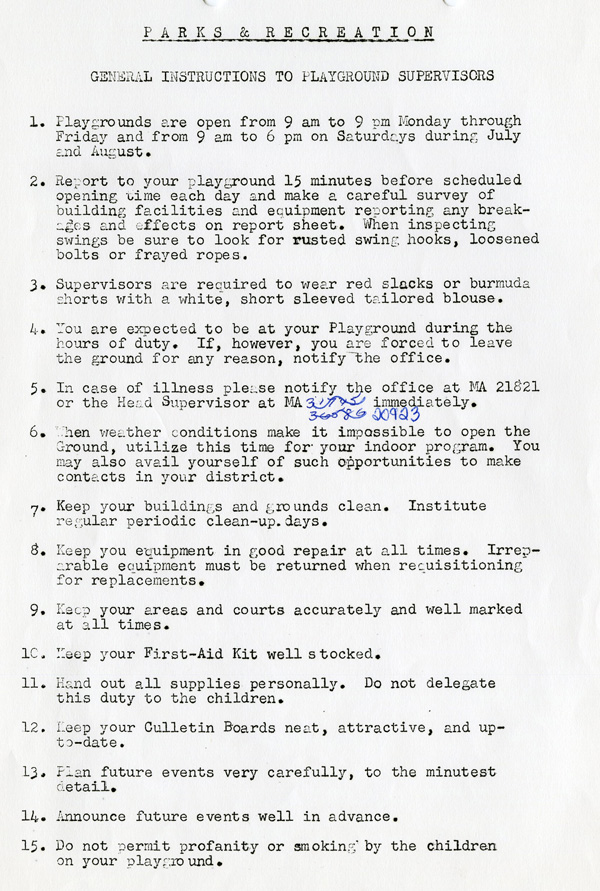 A list of general instructions for playground supervisors