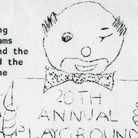 A hand drawn clown winks while holding a sign