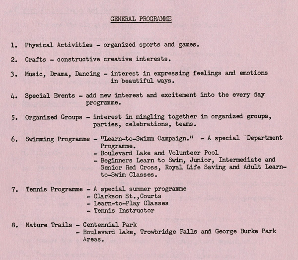 A purple typed sheet with the heading genereal program