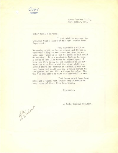A thank you letter sent to the Port Arthur Fire Department