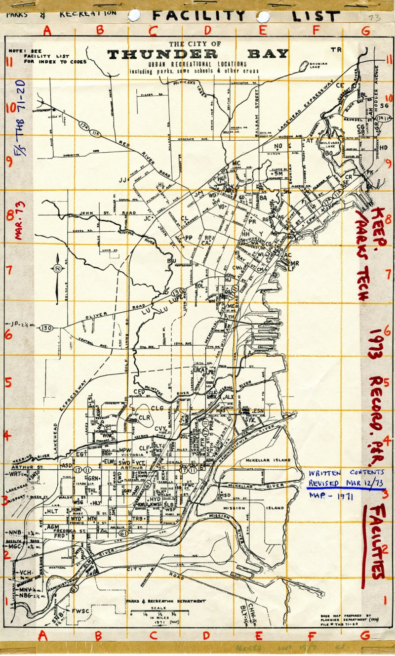 A historic map depicting the city of Thunder Bay and locations of its parks
