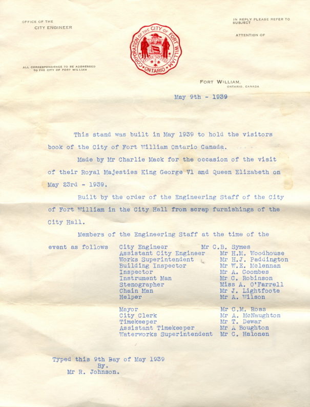 A letter typed in blue ink with a red Fort William City crest at the top