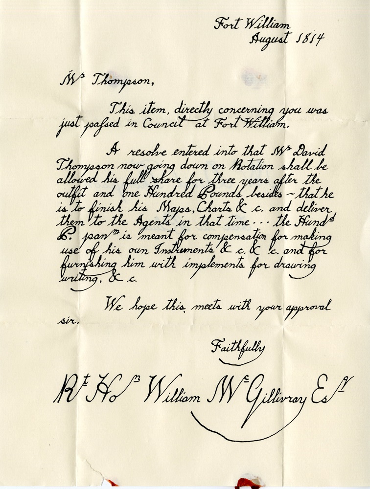 Old Fort William - W. David Thompson letter