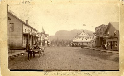 Horses walking down a street lined with houses and stores