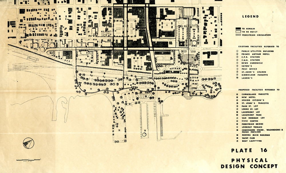 A map depicting downtown Port Arthur including the harbour and residential area