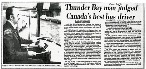 Newspaper article detailing Gerald LaForge's win of the National Bus Roadeo in Quebec City