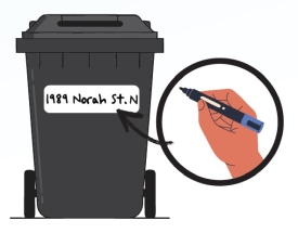 garbage cart with person's hand writing address with marker in white address field