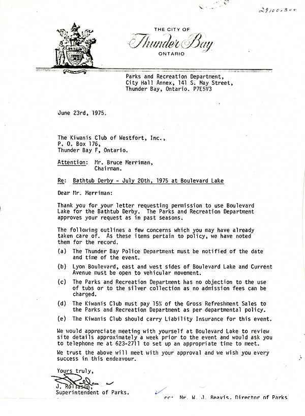 A typed letter with the City of Thunder Bay crest
