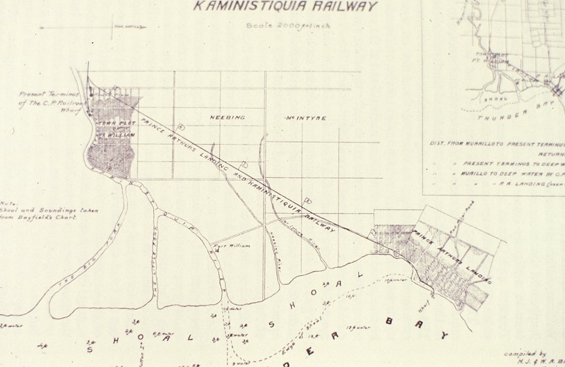 A handdrawn map of the Kaministquia Railway routes