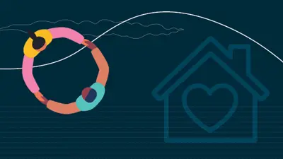 Navy blue background house with heart watermark  