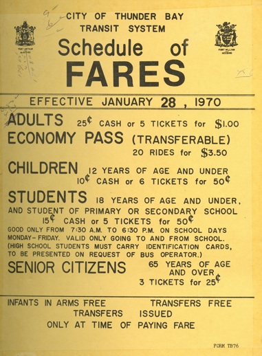 A typed list of fare prices for Thunder Bay Transit